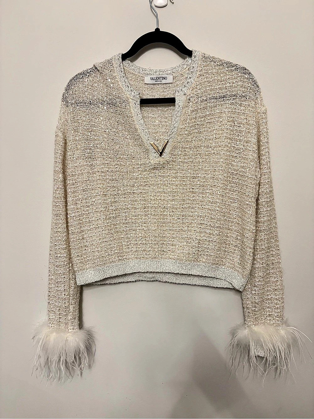 Valentino Sequin Feather Cuff Sweater Cream Small Like New